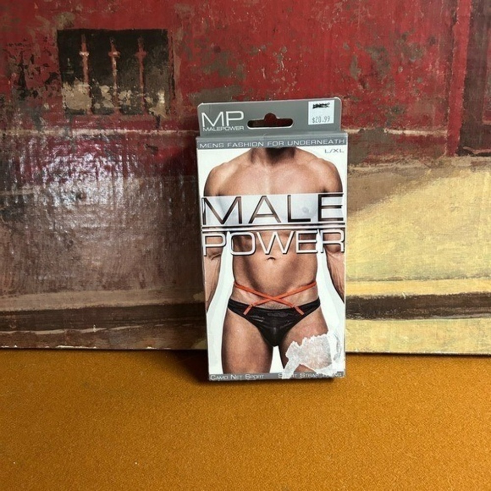 Male Power Camo Sport Net Sport Strap Thong L/XL 36" to 46" Black Orange